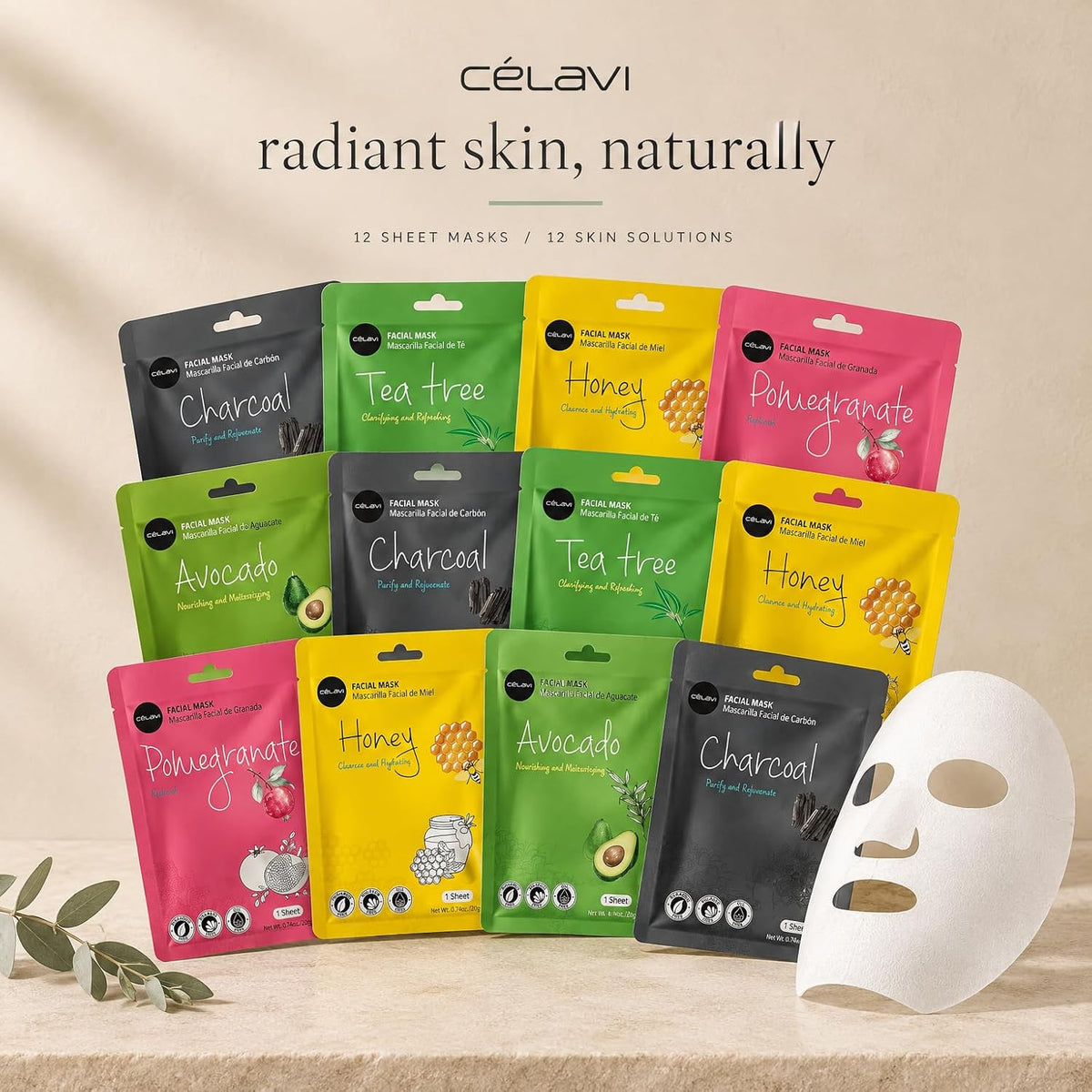 Celavi Essence Facial Face Mask Paper Sheet Korea Skin Care Moisturizing 12 Pack (Mix - 2 of Each)