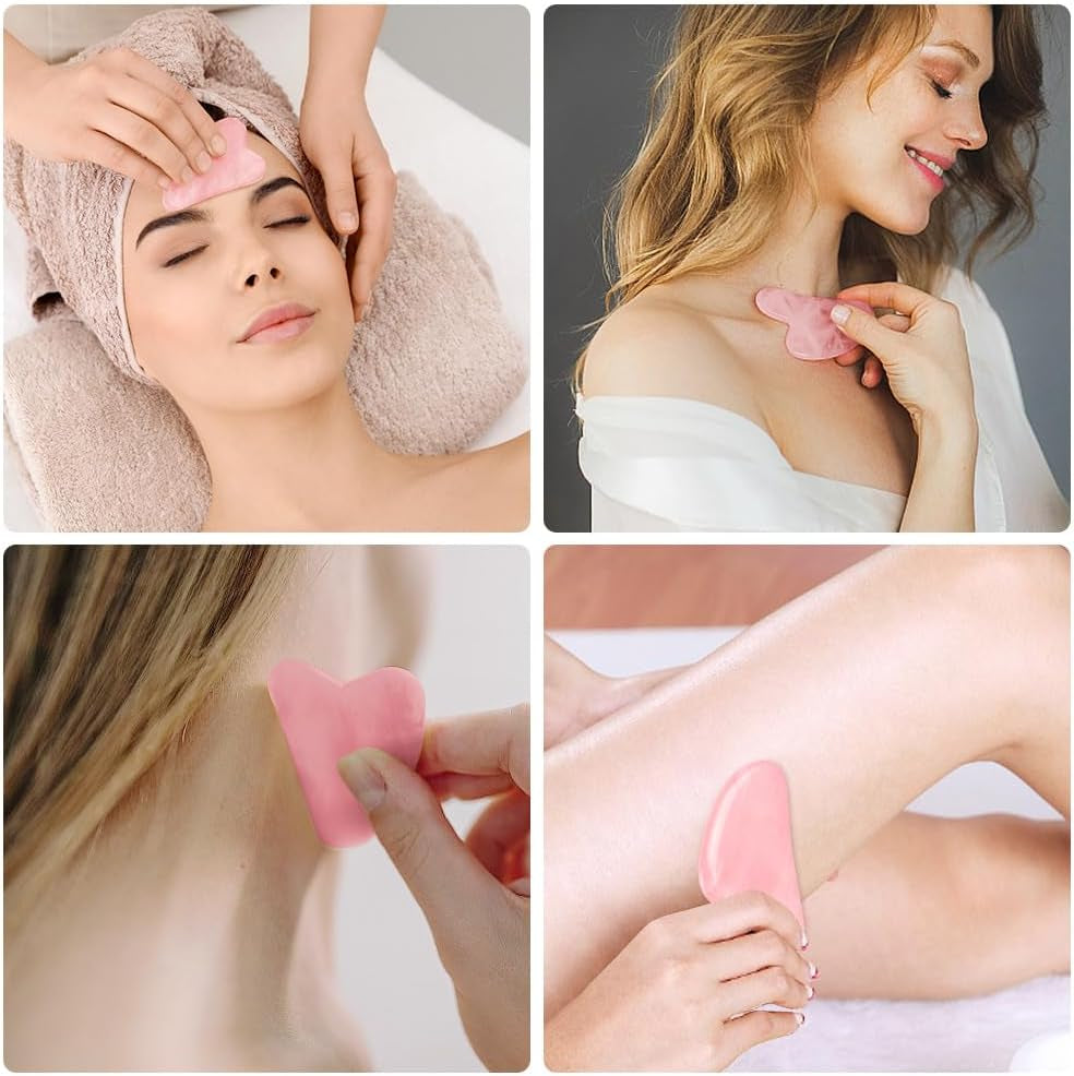 Gua Sha Facial Tools Rose Quartz Guasha Tools for Face & Eye Gua Sha Stone Skin Care Body Tighten Skin Massage Tools for Puffiness Reducing & Jawline Sculpting Face Stone Gua Sha Tools (Pink)