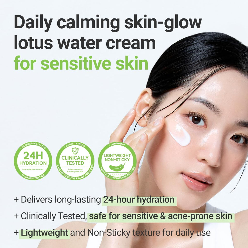 Calming Lotus Cream - Lightweight Hydrating and Soothing Moisturizer for Sensitive Skin with 75% Lotus Water Extract and Niacinamide for Anti-Aging - Vegan Korean Skincare (2.03 Fl Oz)