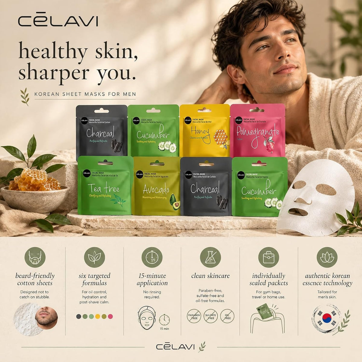 Celavi Essence Facial Face Mask Paper Sheet Korea Skin Care Moisturizing 12 Pack (Mix - 2 of Each)
