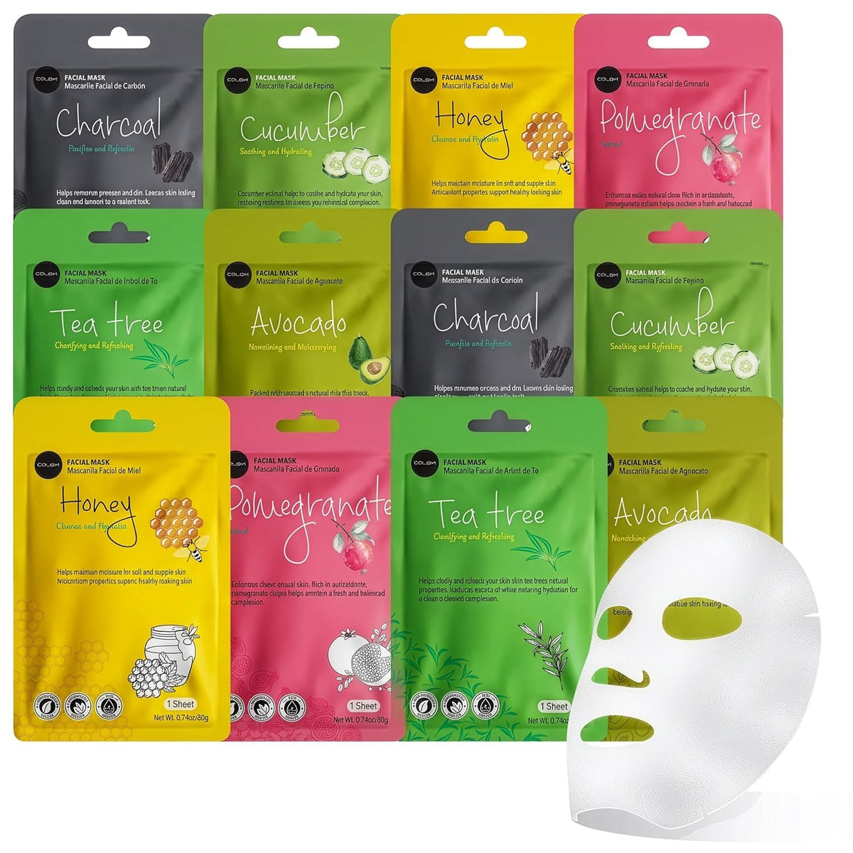 Celavi Essence Facial Face Mask Paper Sheet Korea Skin Care Moisturizing 12 Pack (Mix - 2 of Each)
