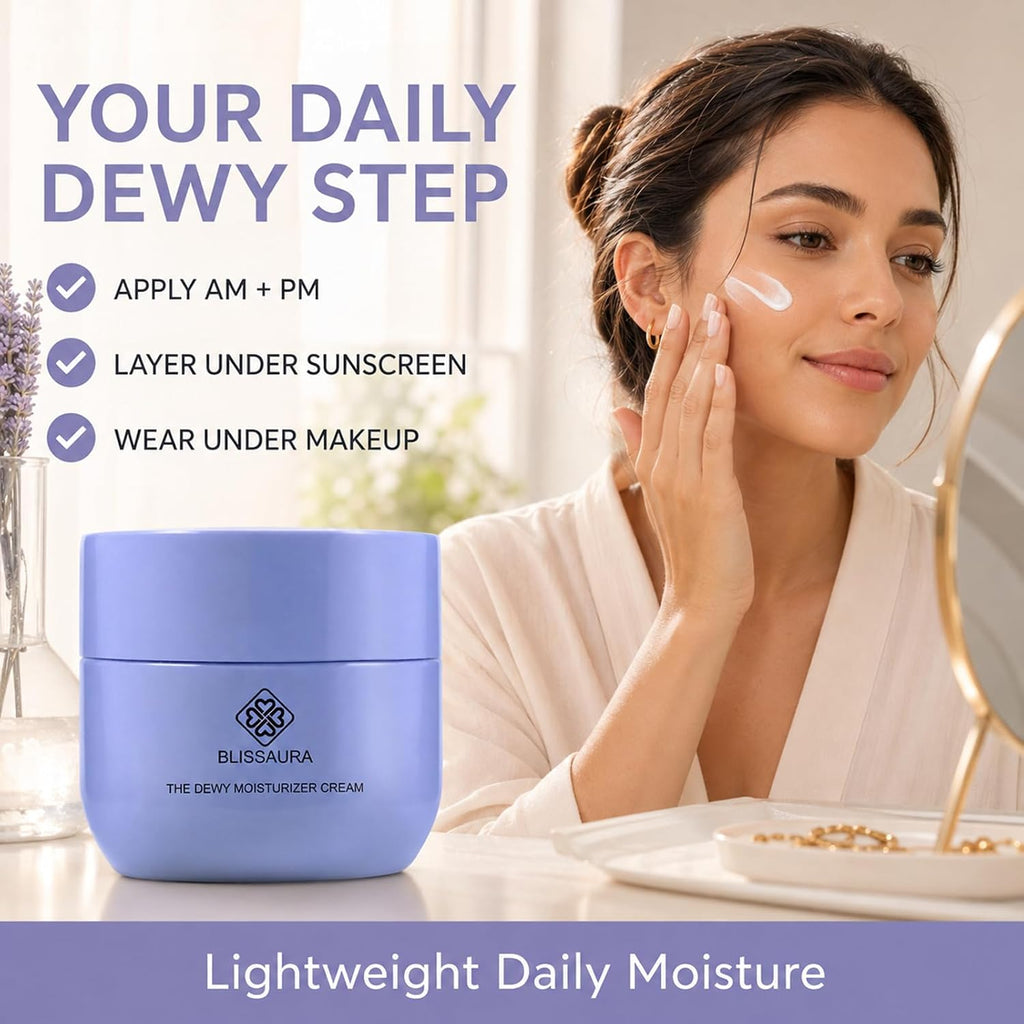 Dewy Skin Cream - Deep Hydrating Facial Moisturizer with Hyaluronic Acid for Dry and Sensitive Skin - Lightweight Formula Ideal for Makeup Primer and Achieving a Glass Skin Finish